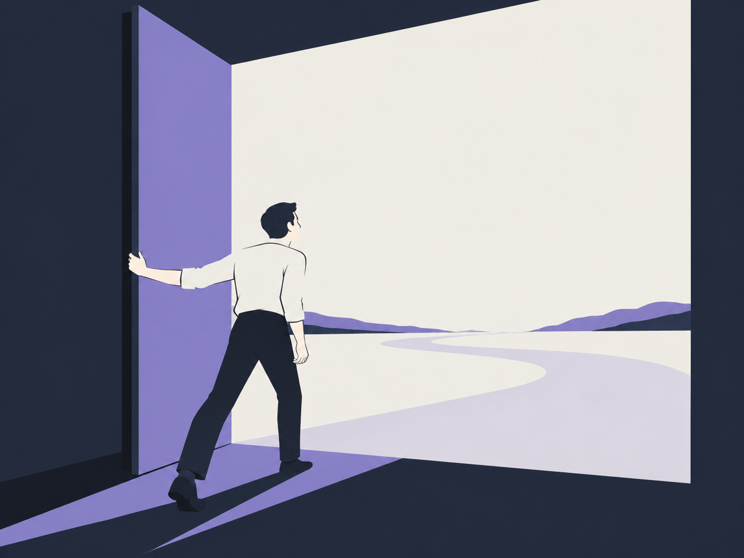 A person opens a large violet door and steps into an open space.